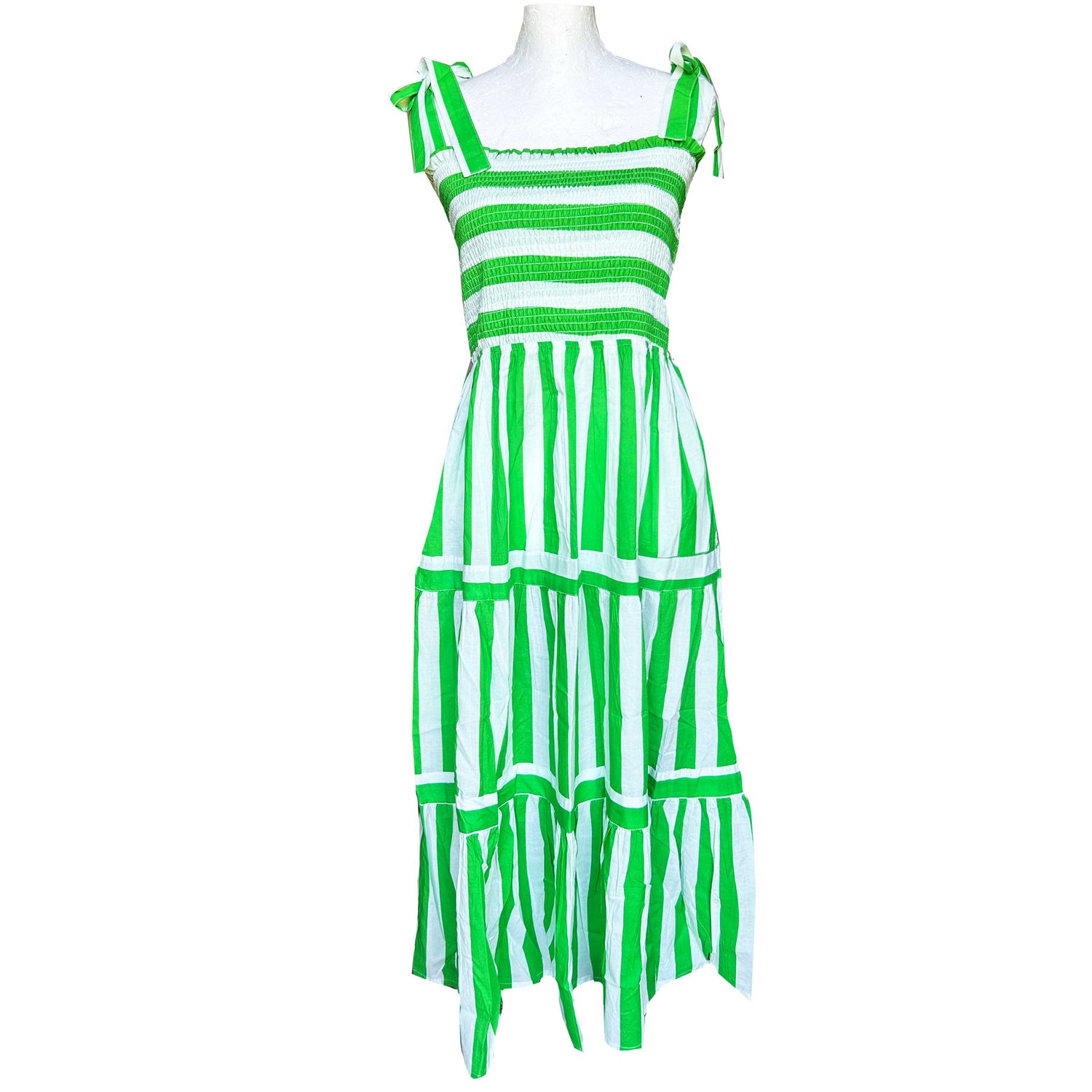 Rosehip Design Tropez Sundress is a gorgeous Summer dress featuring a shirred top with straps and a long flowing skirt with pockets. Perfect holiday wear in our dazzling Verde green and white stripes design.