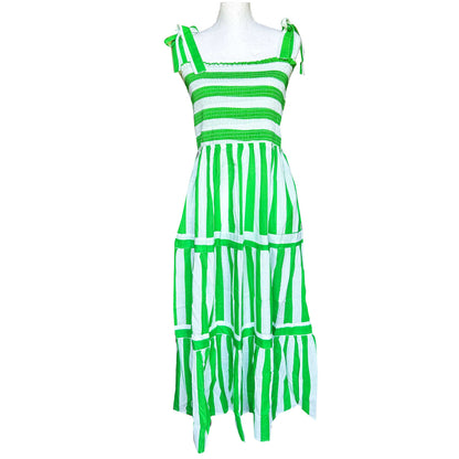 Rosehip Design Tropez Sundress is a gorgeous Summer dress featuring a shirred top with straps and a long flowing skirt with pockets. Perfect holiday wear in our dazzling Verde green and white stripes design.