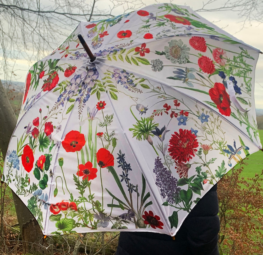 Rosehip Design Walking Umbrella is a sturdy, practical and waterproof rain umbrella with an auto pop-up button and wooden handle. Stand out from the crowd with our soothing Heavenly Rose Design.