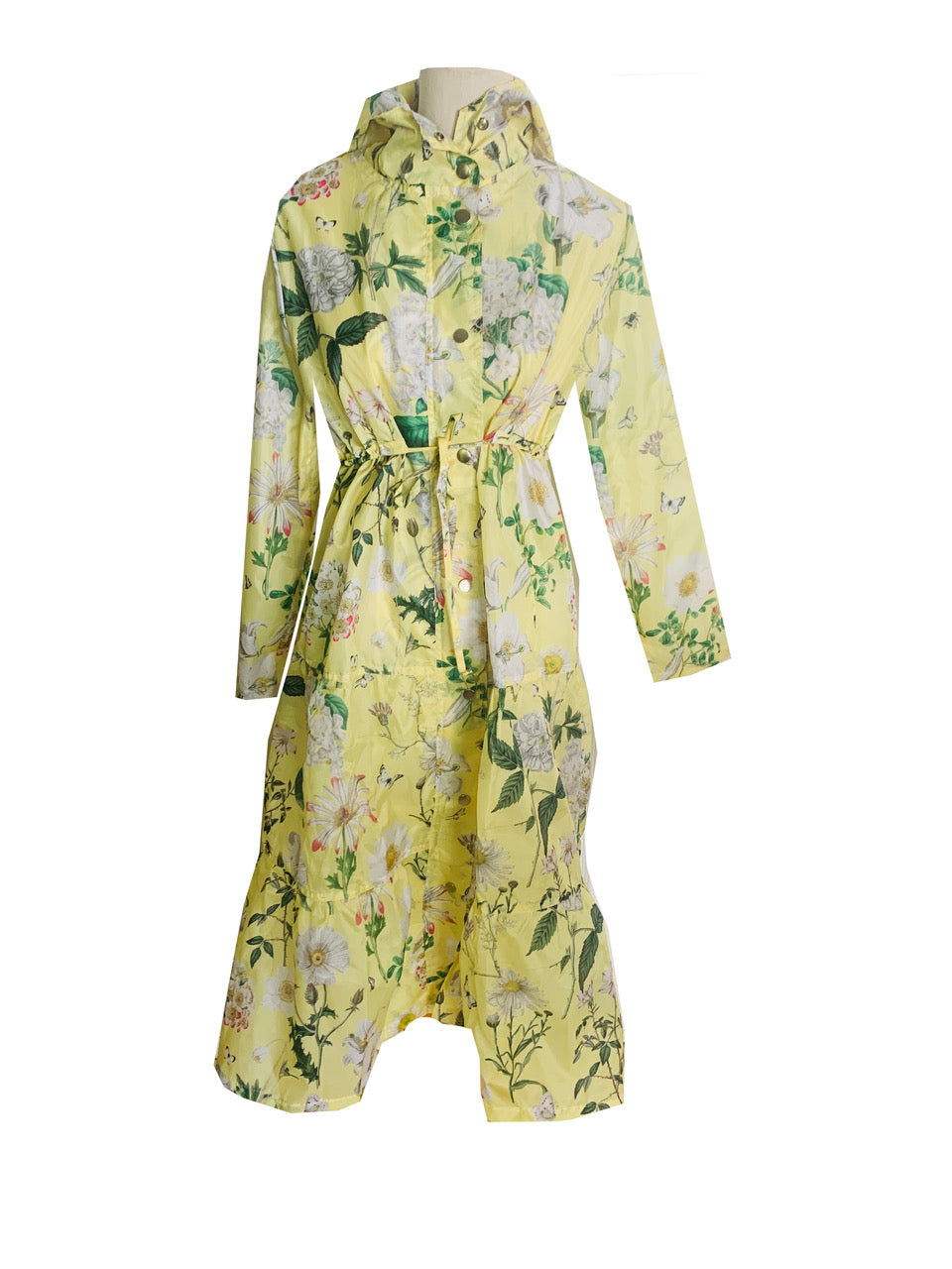 Rosehip Design Windsor Parka is a practical light-weight calf-length summer parka in our sunny Heavenly Buttercup design. It features a long tiered skirt, drawstring waist and fully lined hood.