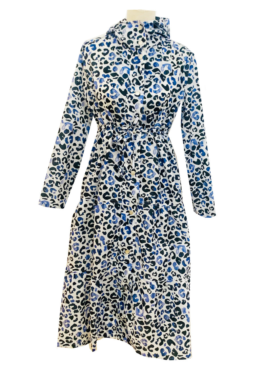 Rosehip Design Windsor Parka is a practical light-weight calf-length summer parka in our bold Leopard Blue design. It features a long tiered skirt, drawstring waist and fully lined hood.