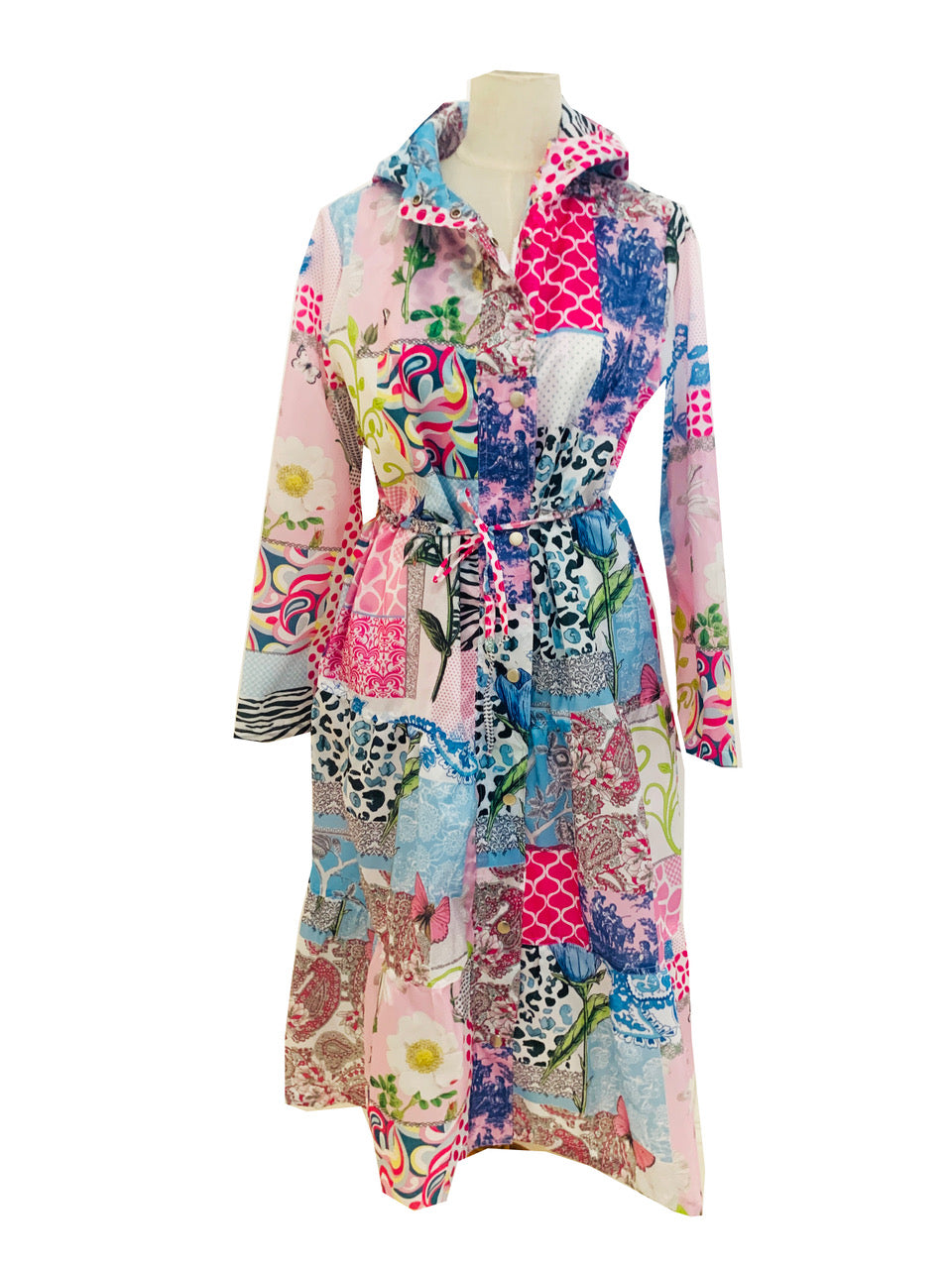 Rosehip Design Windsor Parka is a practical light-weight calf-length summer parka in our funky Patchwork Pink design. It features a long tiered skirt, drawstring waist and fully lined hood.