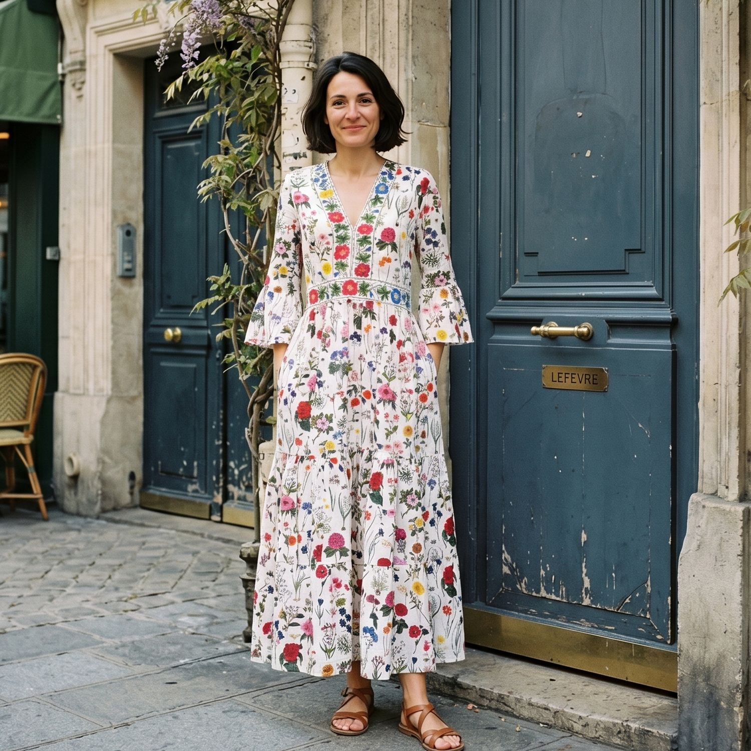 Woman in a Rosehip floral dress standing in front of a building with wisteria