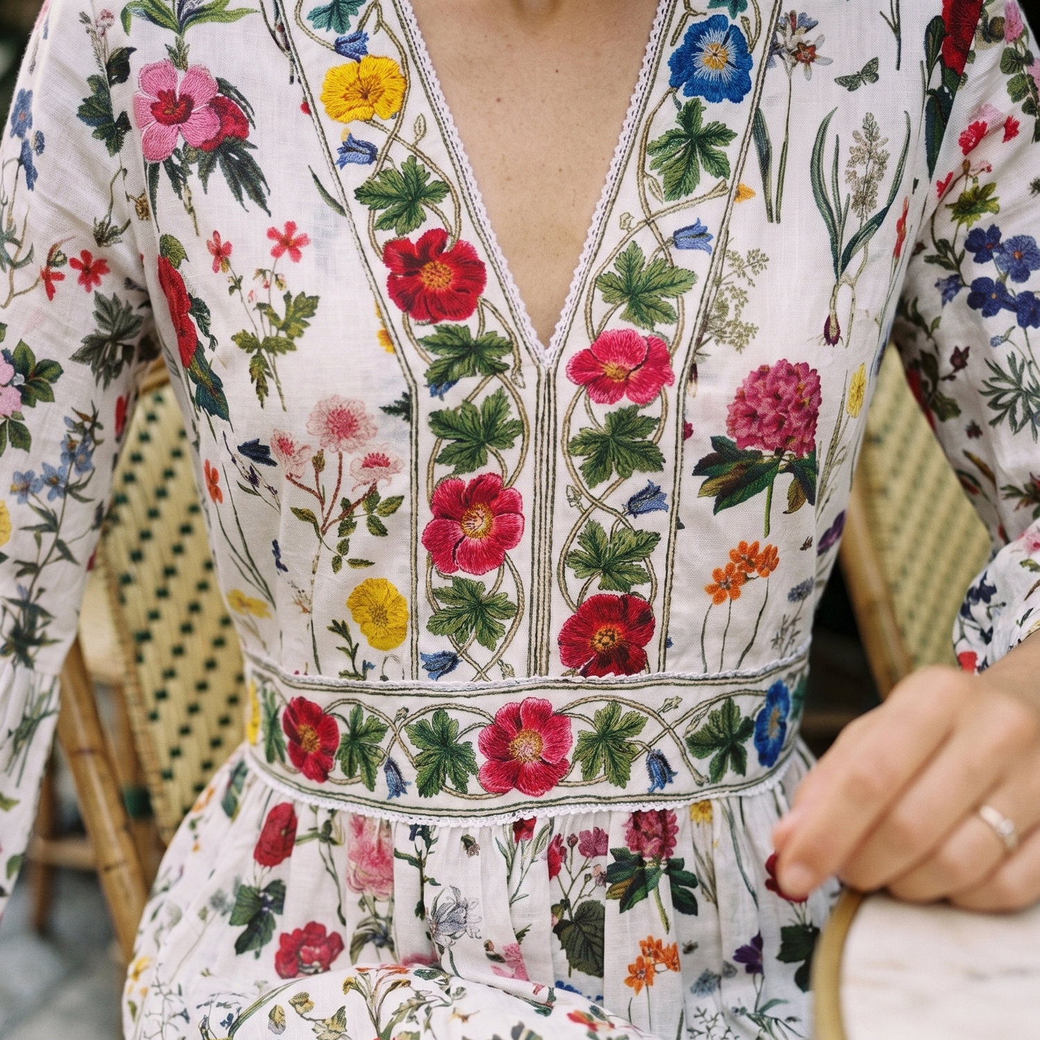 Close-up of a person wearing a Rosehip floral dress with a blurred background