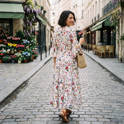 Woman in a Rosehip floral dress walking down a picturesque street with flowers and buildings in the background.