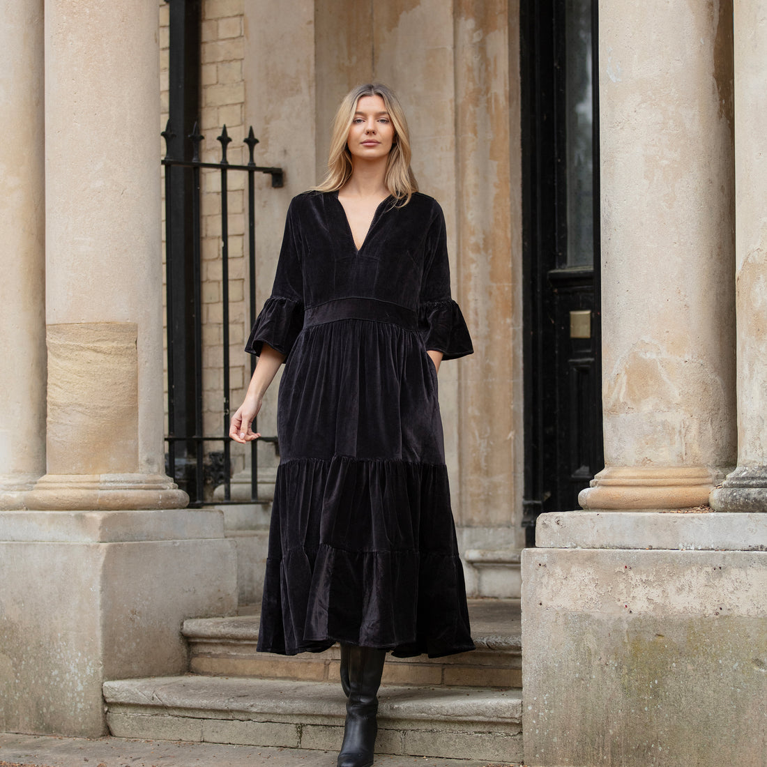Annabel Velvet Dress - Charcoal
