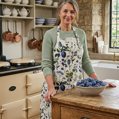 Woman in a kitchen wearing a Rosehip Design Blue Wonder floral apron, holding a bowl of blueberries.