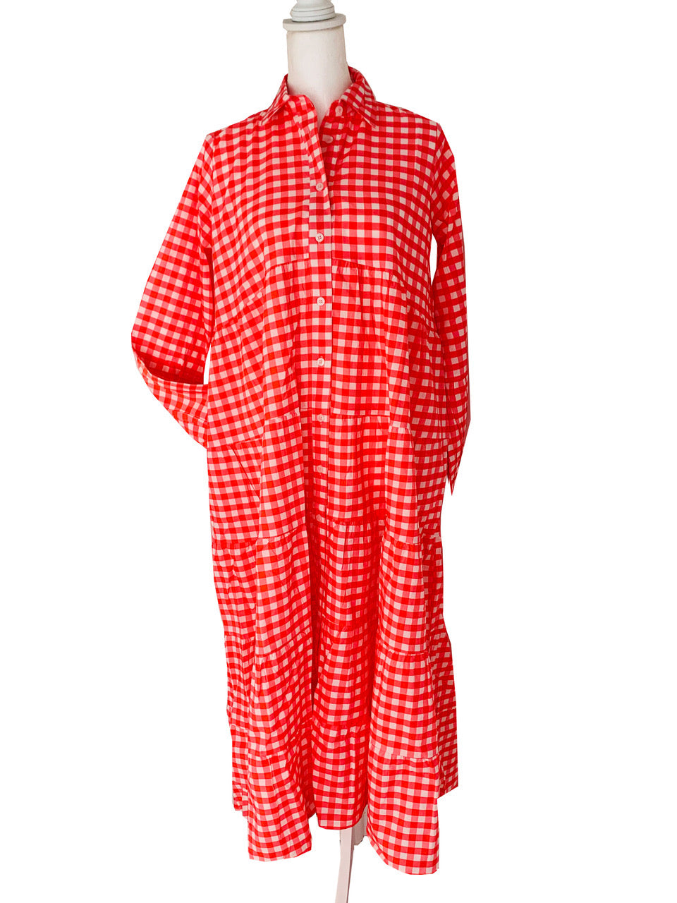 Becky Tiered Dress - ORGANIC COTTON - Coral Gingham