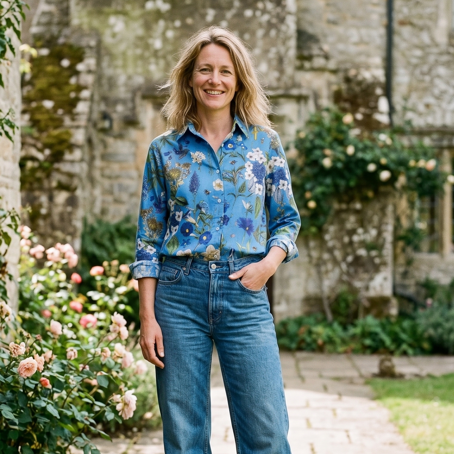 Woman in a Rosehip floral shirt and jeans standing in a garden path with a stone building in the background