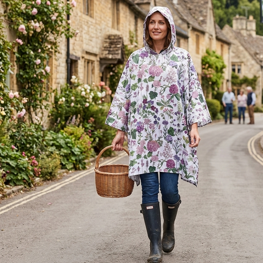 Woman in a floral Rosehip Mallow Poncho walking down a quaint village street.